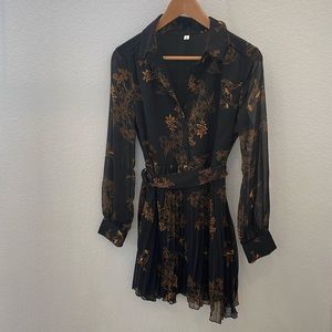 Black Belted Dress with Orange Floral Detail